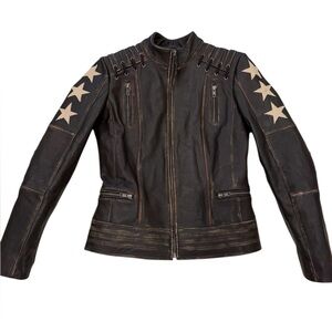 Women's Brown distressed faux leather Star  Jacket cool detail Size XS